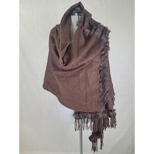 Vintage Brown Cashmere Shawl Scarf Rabbit Fur Trim and Fringe
